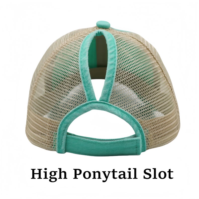 ProMindFun Womens Ponytail High Messy Bun Hats Distressed Baseball Caps Unconstructed Washed Dad Hat Girls Trucker Ponycaps (05-Turquoise) - Image 4